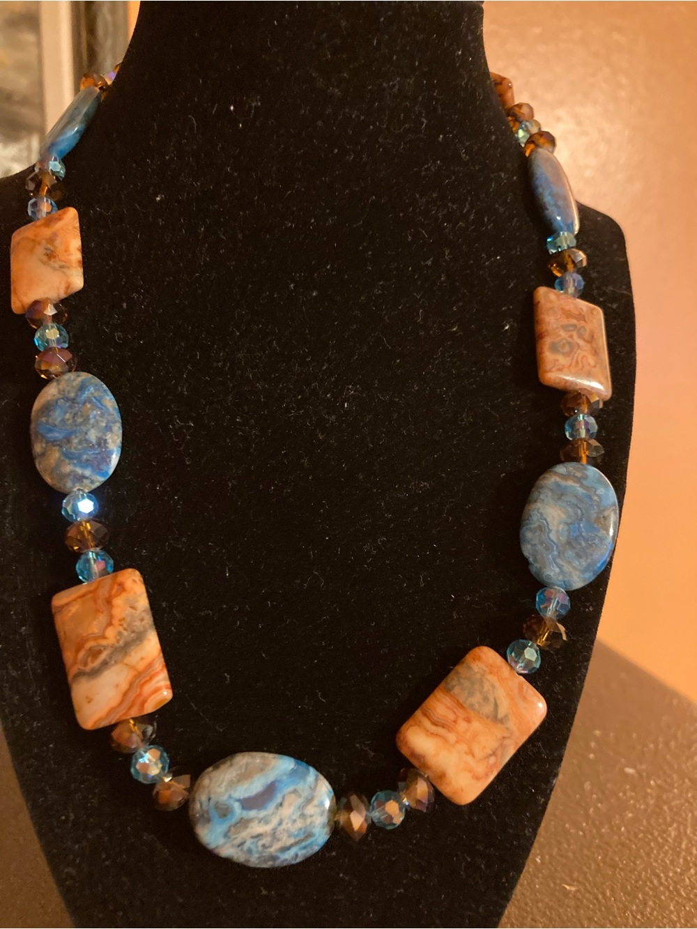 Blue and Tan Marbled Stone Bead Necklace by